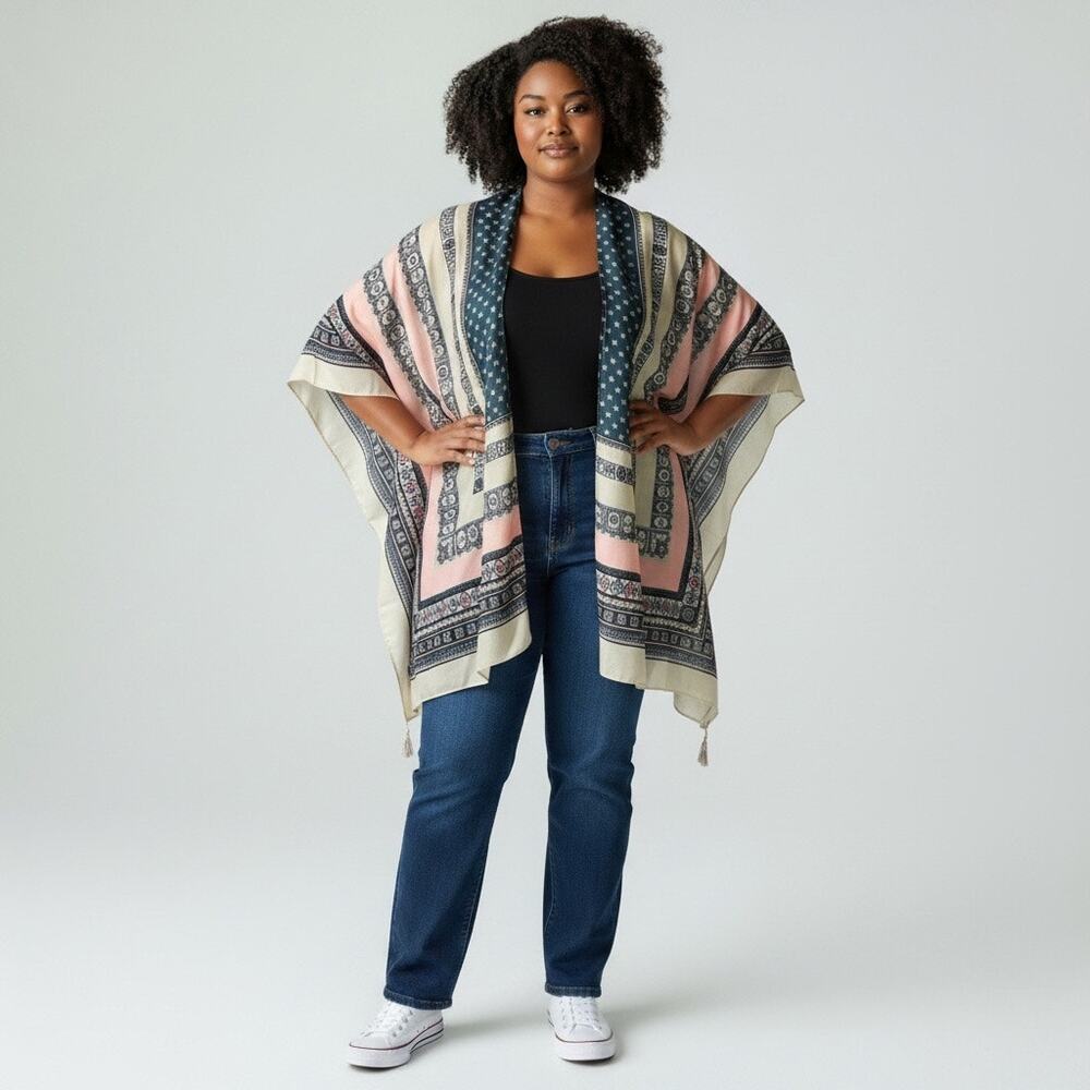 Y2K Jessica McClintock Boho Kimono Wrap Shawl Tassel Geometric Festival OS -